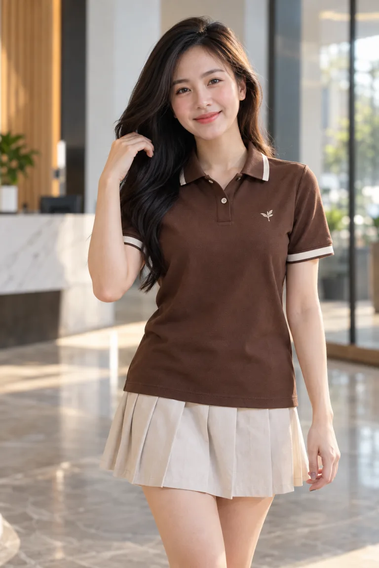 Người mẫu Việt Nam mặc Áo lớp polo bo tay tương phản màu nâu cà phê, vải pique co giãn, logo nhỏ trước ngực