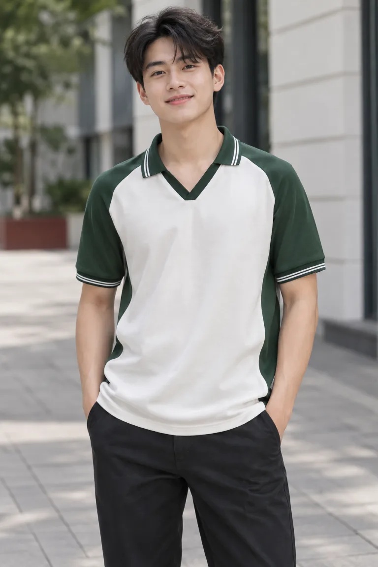 Người mẫu Việt Nam mặc Áo lớp polo cổ V phối viền màu xanh rêu, vải cotton poly, phối hai màu