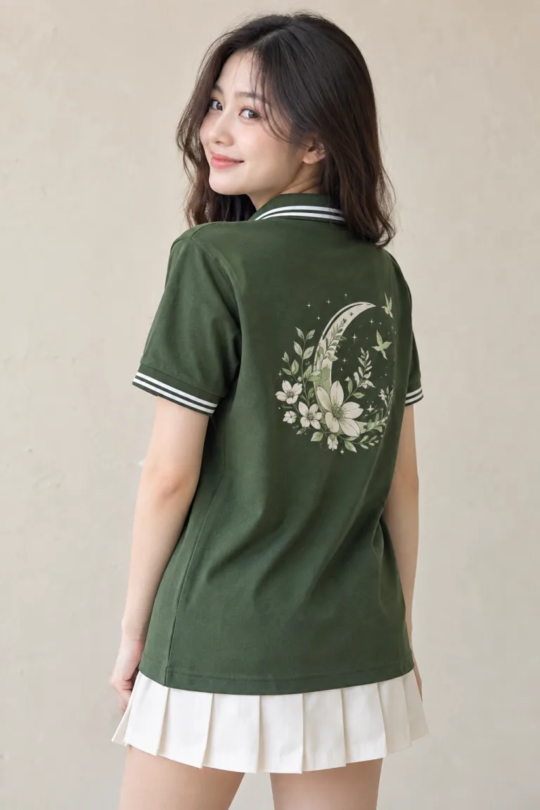 Người mẫu Việt Nam mặc Áo lớp polo cổ bẻ sọc màu xanh rêu, vải cotton poly, tên lớp sau lưng