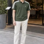 Áo lớp polo phối vai thể thao màu xanh rêu, vải cá sấu cotton, logo nhỏ trước ngực