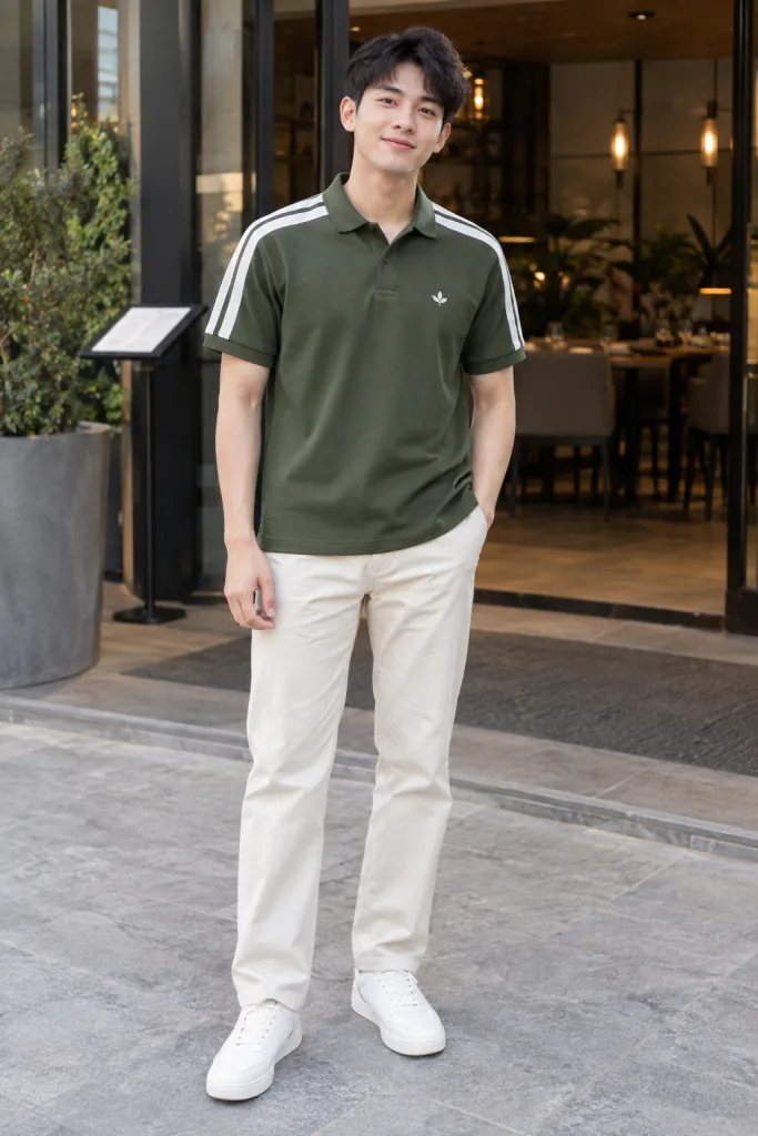 Người mẫu Việt Nam mặc Áo lớp polo phối vai thể thao màu xanh rêu, vải cá sấu cotton, logo nhỏ trước ngực