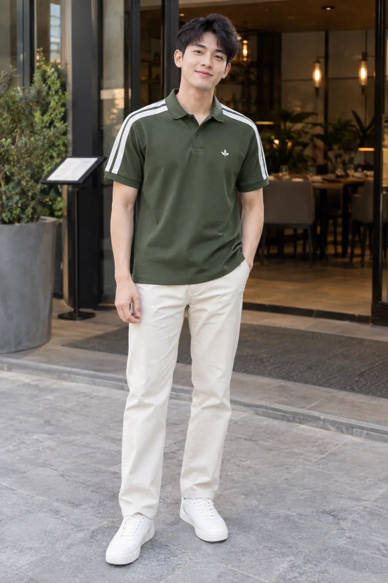 Người mẫu Việt Nam mặc Áo lớp polo phối vai thể thao màu xanh rêu, vải cá sấu cotton, logo nhỏ trước ngực