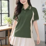 Áo lớp polo phối sườn màu xanh rêu, vải cá sấu cotton, phối hai màu