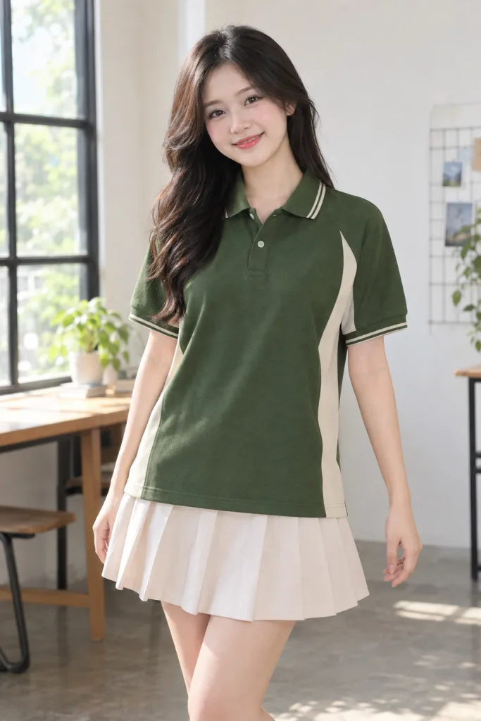 Người mẫu Việt Nam mặc Áo lớp polo phối sườn màu xanh rêu, vải cá sấu cotton, phối hai màu