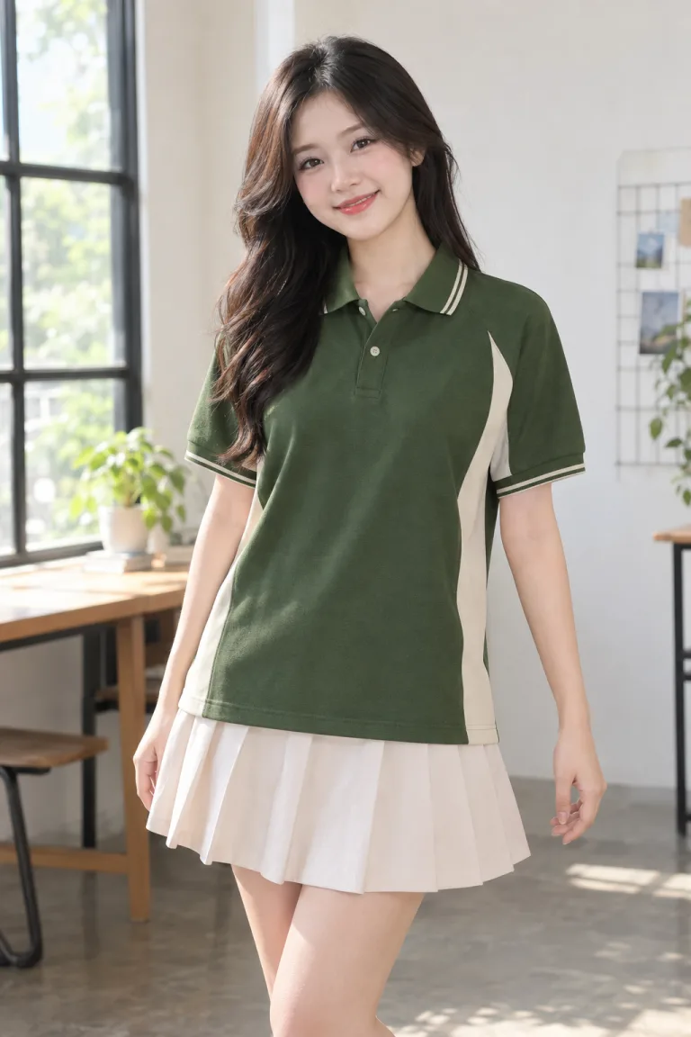Người mẫu Việt Nam mặc Áo lớp polo phối sườn màu xanh rêu, vải cá sấu cotton, phối hai màu