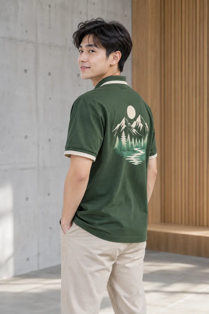 Người mẫu Việt Nam mặc Áo lớp polo bo tay tương phản màu xanh rêu, vải cotton mềm 220gsm, tên lớp sau lưng