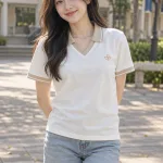 Áo lớp polo cổ V phối viền màu be kem, vải cotton mềm 220gsm, logo nhỏ trước ngực