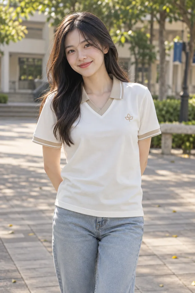 Người mẫu Việt Nam mặc Áo lớp polo cổ V phối viền màu be kem, vải cotton mềm 220gsm, logo nhỏ trước ngực