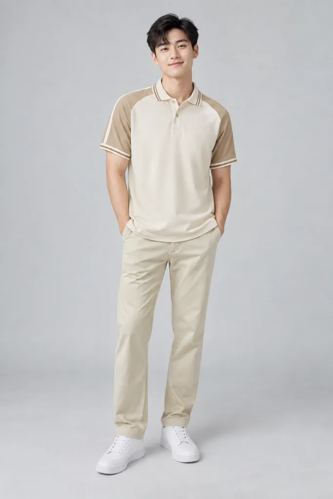 Áo lớp polo cổ bẻ sọc màu be kem, vải pique co giãn, phối hai màu