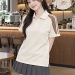 Áo lớp polo phối vai thể thao màu be kem, vải pique co giãn, tên lớp sau lưng