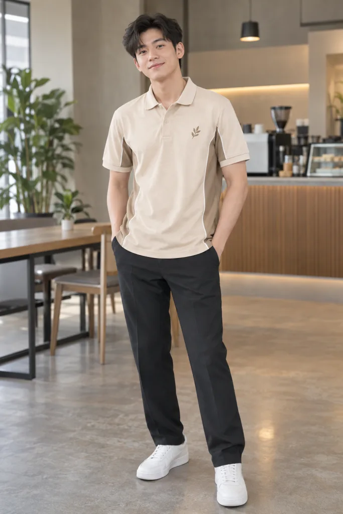 Người mẫu Việt Nam mặc Áo lớp polo phối sườn màu be kem, vải cotton poly, logo nhỏ trước ngực