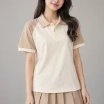 Áo lớp polo bo tay tương phản màu be kem, vải cotton poly, phối hai màu