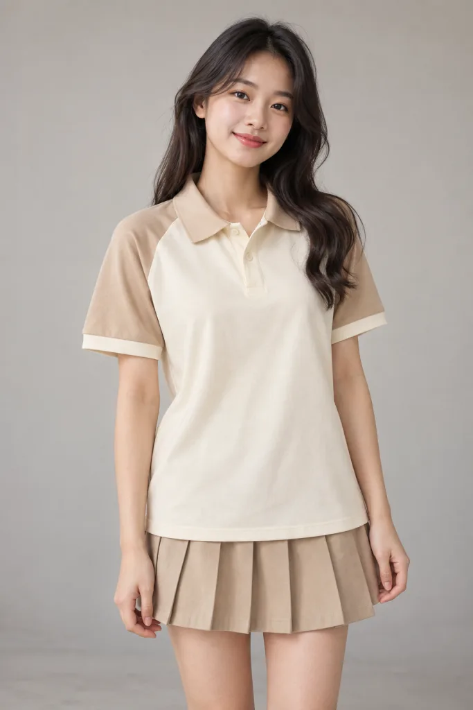 Người mẫu Việt Nam mặc Áo lớp polo bo tay tương phản màu be kem, vải cotton poly, phối hai màu