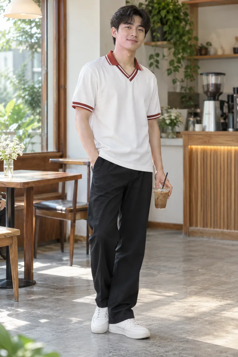 Người mẫu Việt Nam mặc Áo lớp polo cổ V phối viền màu đỏ gạch, vải cá sấu cotton, tên lớp sau lưng