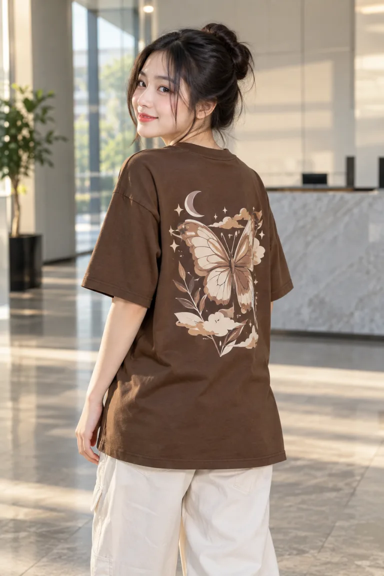 Người mẫu Việt Nam mặc Áo lớp thun cổ tròn form rộng màu nâu cà phê, vải cotton 100%, hình in lớn sau lưng