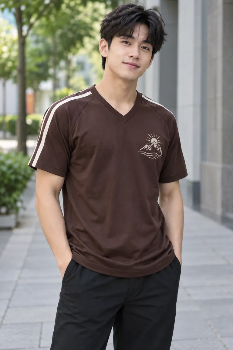 Người mẫu Việt Nam mặc Áo lớp thun cổ tim thể thao màu nâu cà phê, vải thun co giãn bốn chiều, slogan trước ngực