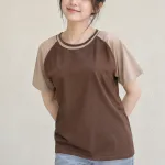 Áo lớp thun tay raglan màu nâu cà phê, vải thun co giãn bốn chiều, phối viền cổ