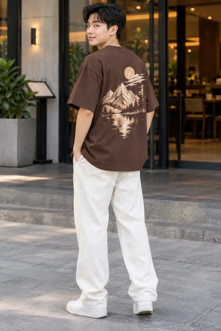 Người mẫu Việt Nam mặc Áo lớp thun form oversize màu nâu cà phê, vải cotton poly, hình in lớn sau lưng