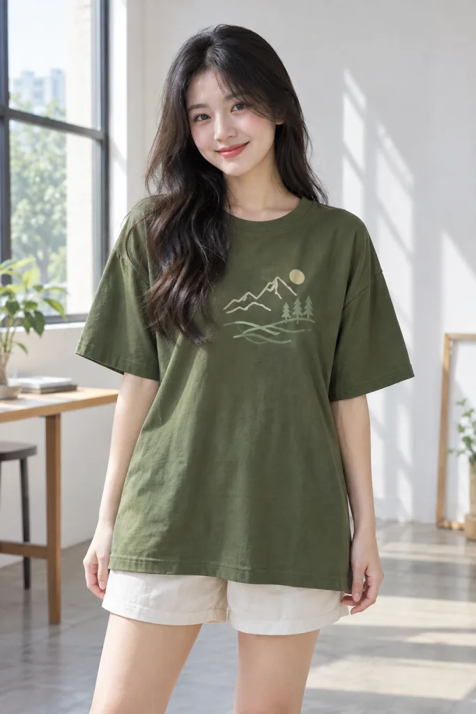 Áo lớp thun cổ tròn form rộng màu xanh rêu, vải cotton poly, slogan trước ngực