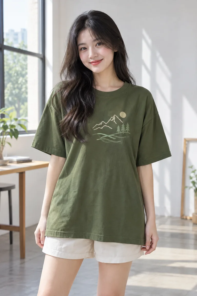 Người mẫu Việt Nam mặc Áo lớp thun cổ tròn form rộng màu xanh rêu, vải cotton poly, slogan trước ngực