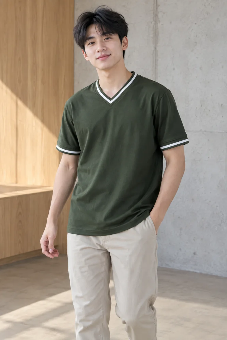 Người mẫu Việt Nam mặc Áo lớp thun cổ tim thể thao màu xanh rêu, vải cotton compact, phối viền cổ