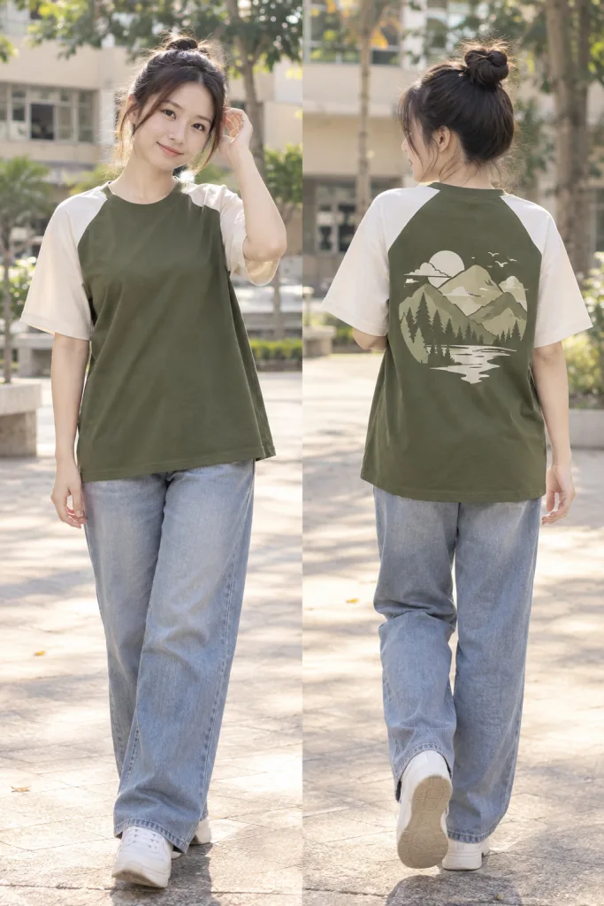 Áo lớp thun tay raglan màu xanh rêu, vải cotton compact, hình in lớn sau lưng