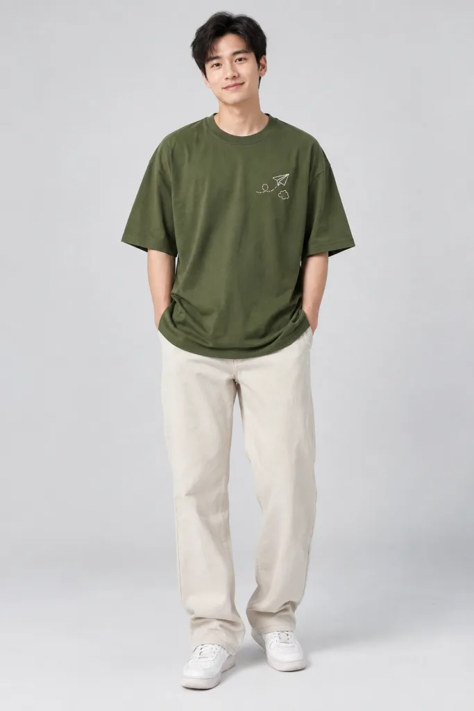 Người mẫu Việt Nam mặc Áo lớp thun form oversize màu xanh rêu, vải cotton 100%, slogan trước ngực